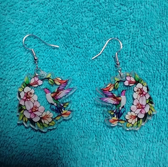 Cute wire dangle earrings hummingbird flower floral - Picture 3 of 3